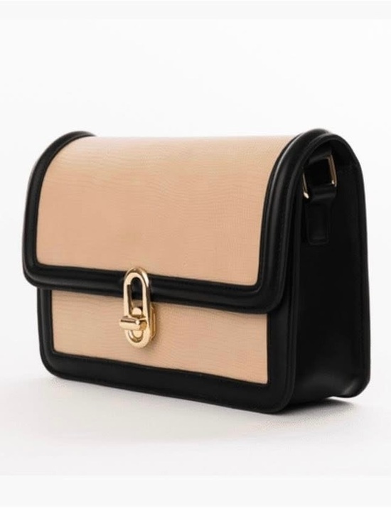 Jules Kae Handbags - Structured Two-Tone Beige and Black Crossbody Bag with Gold Hardware